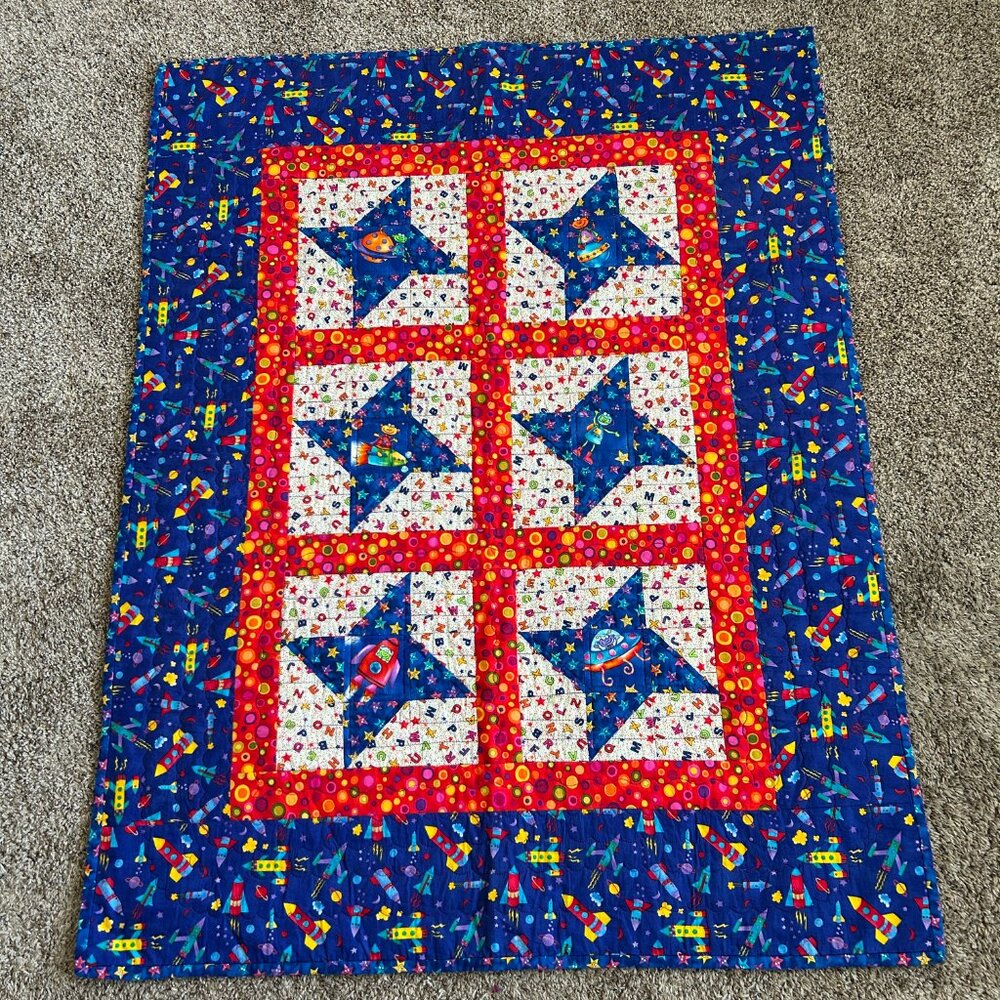 Baby Quilt Blanket Handmade Multicolor Space Ship Alien Atomic Planet 46 x 35 In